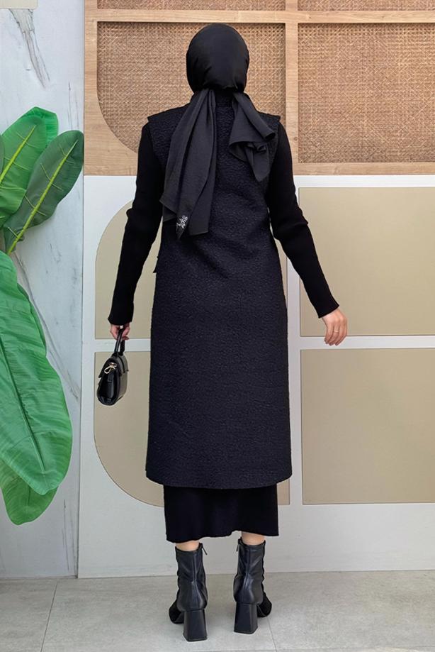 Tesettür giyim SİYAH KRUVAZE YAKA UZUN YELEK T 6987	 - TRENDTESETTÜR