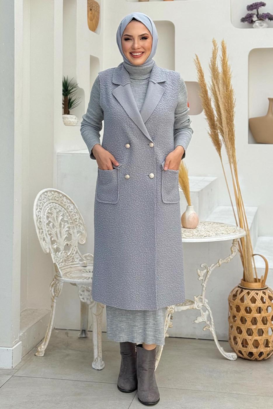 Tesettür giyim GRİ KRUVAZE YAKA UZUN YELEK T 6987	