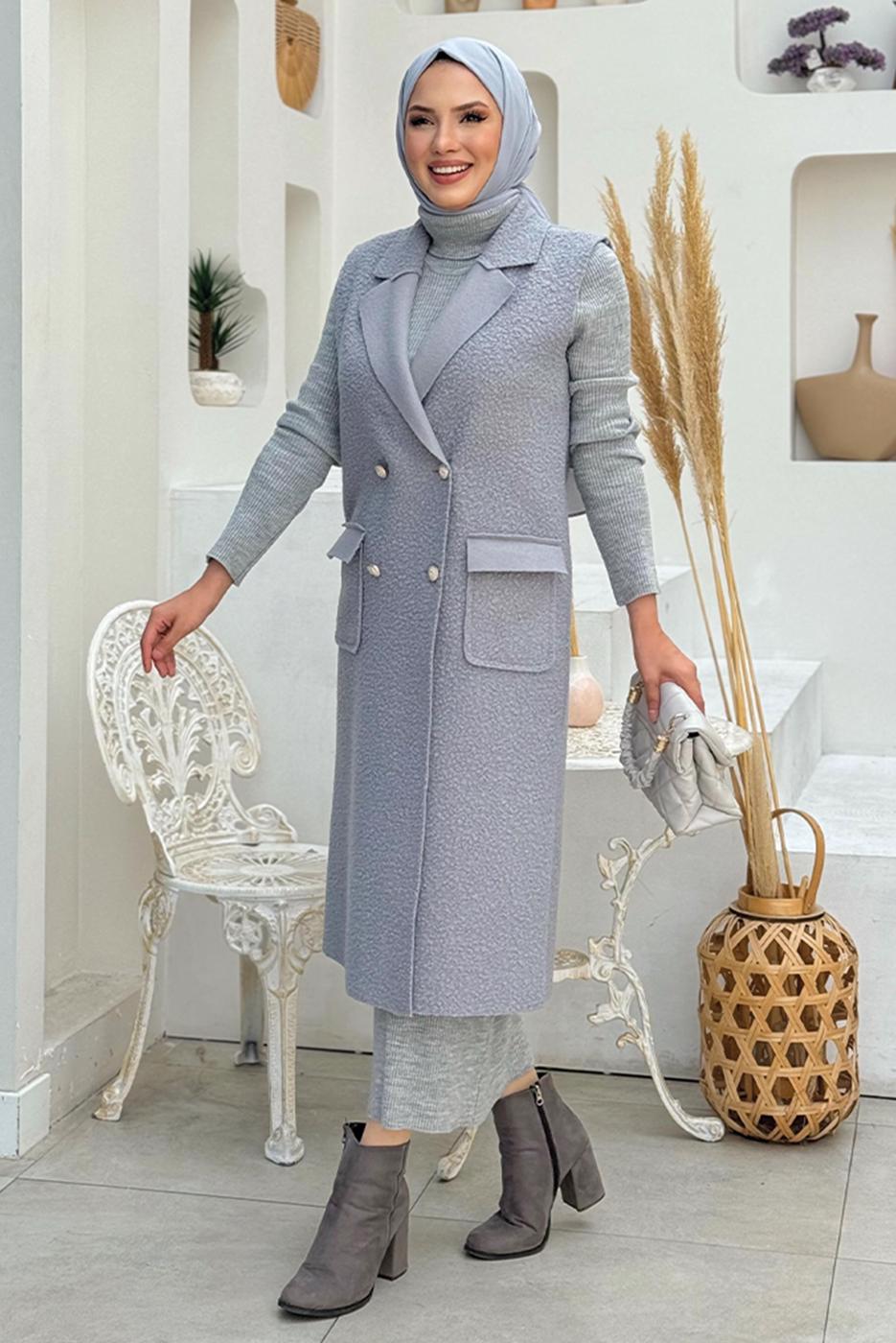 Tesettür giyim GRİ KRUVAZE YAKA UZUN YELEK T 6987	
