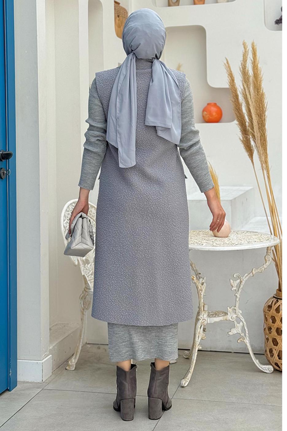 Tesettür giyim GRİ KRUVAZE YAKA UZUN YELEK T 6987	