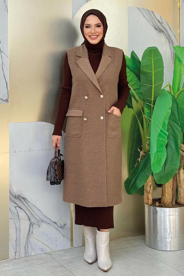 Tesettür giyim KAHVE KRUVAZE YAKA UZUN YELEK T 6987	 - TRENDTESETTÜR