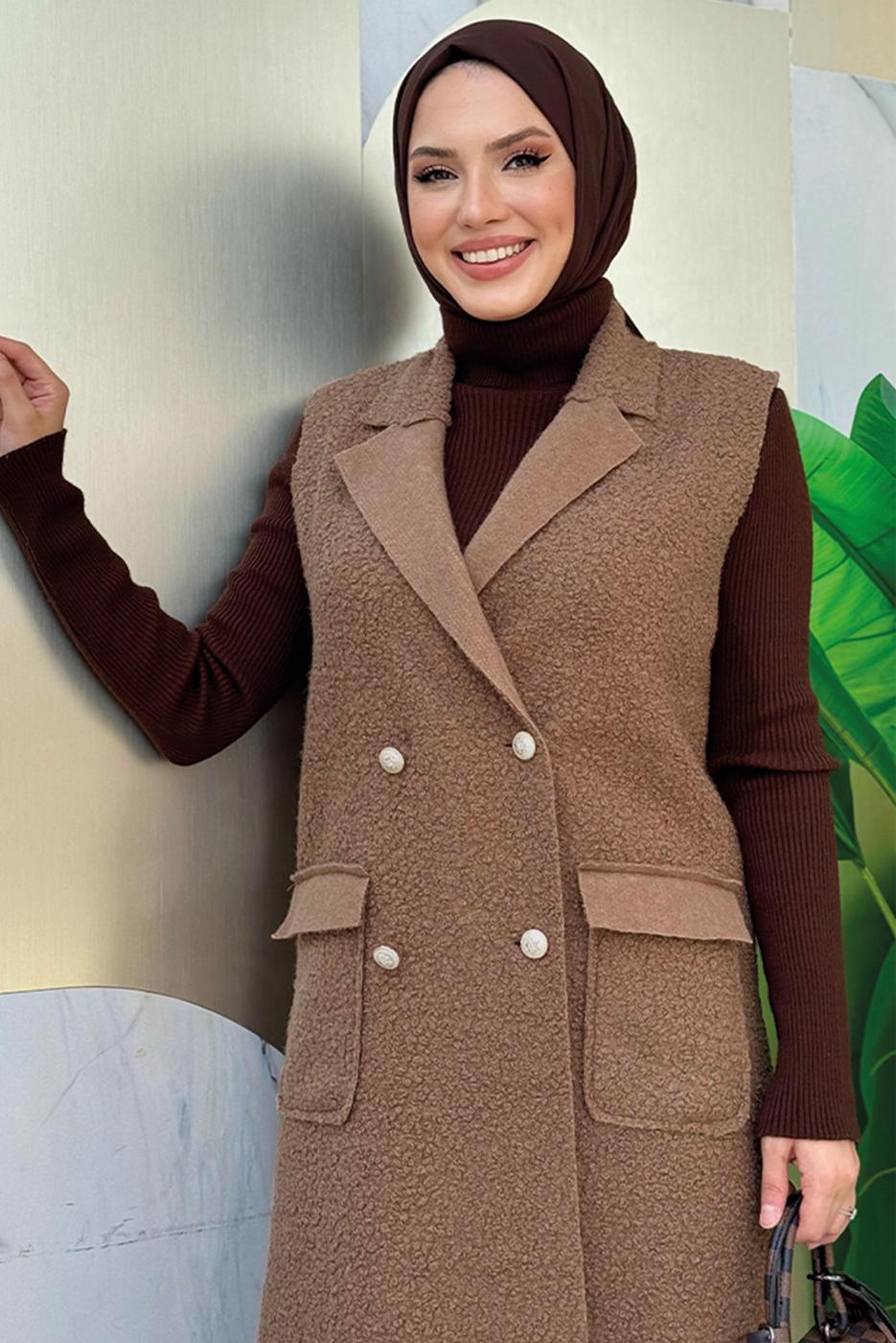 Tesettür giyim KAHVE KRUVAZE YAKA UZUN YELEK T 6987	