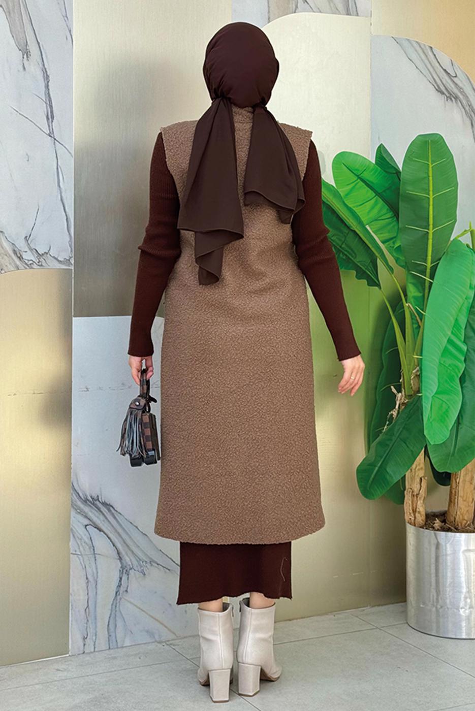 Tesettür giyim KAHVE KRUVAZE YAKA UZUN YELEK T 6987	