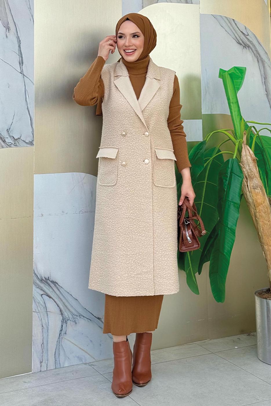Tesettür giyim BEJ KRUVAZE YAKA UZUN YELEK T 6987	