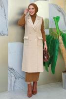 Tesettür giyim BEJ KRUVAZE YAKA UZUN YELEK T 6987	