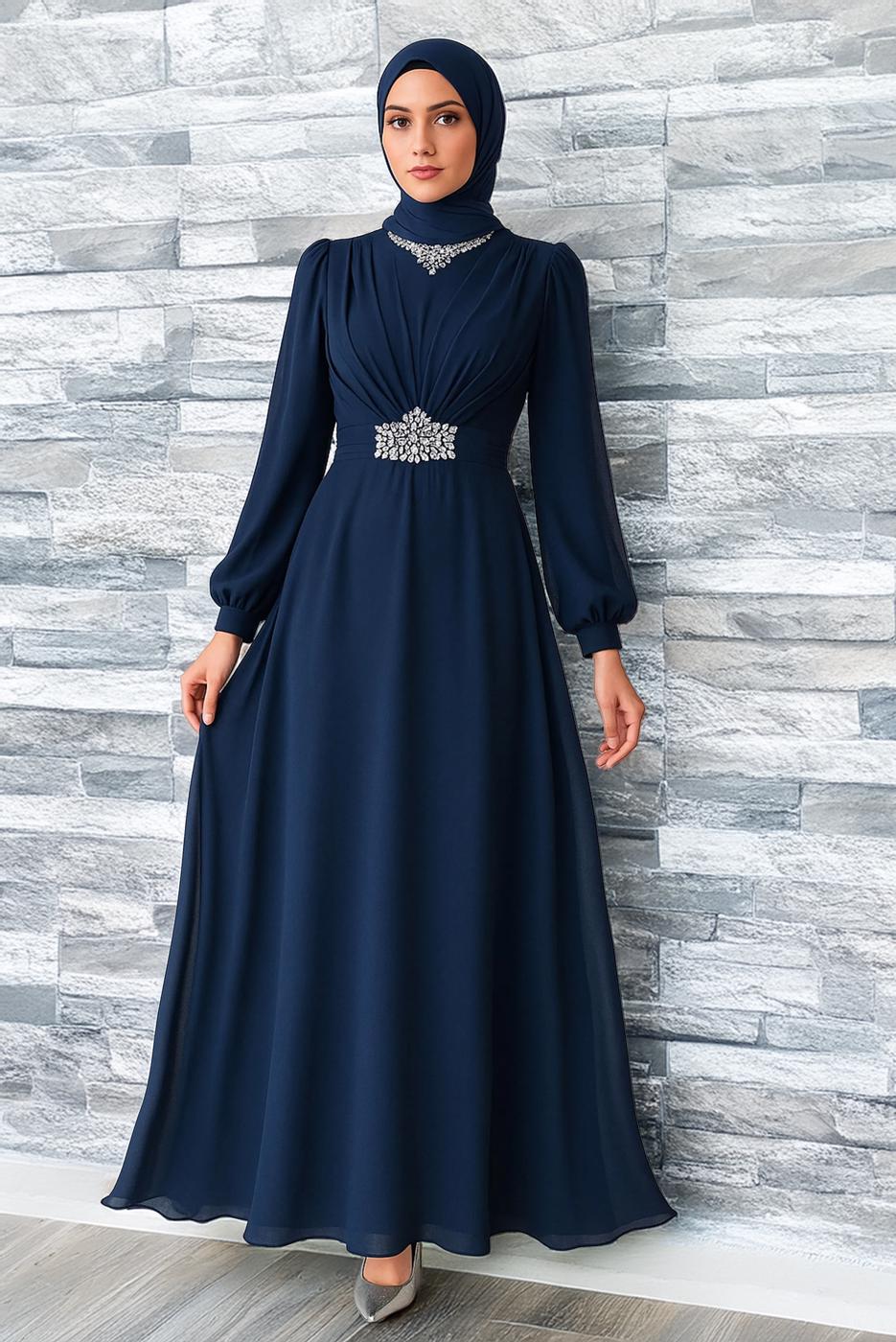 Tesettür giyim LACİVERT TAŞ DETAYLI ABİYE ELBİSE T 0163