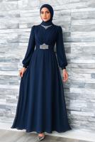 Tesettür giyim LACİVERT TAŞ DETAYLI ABİYE ELBİSE T 0163