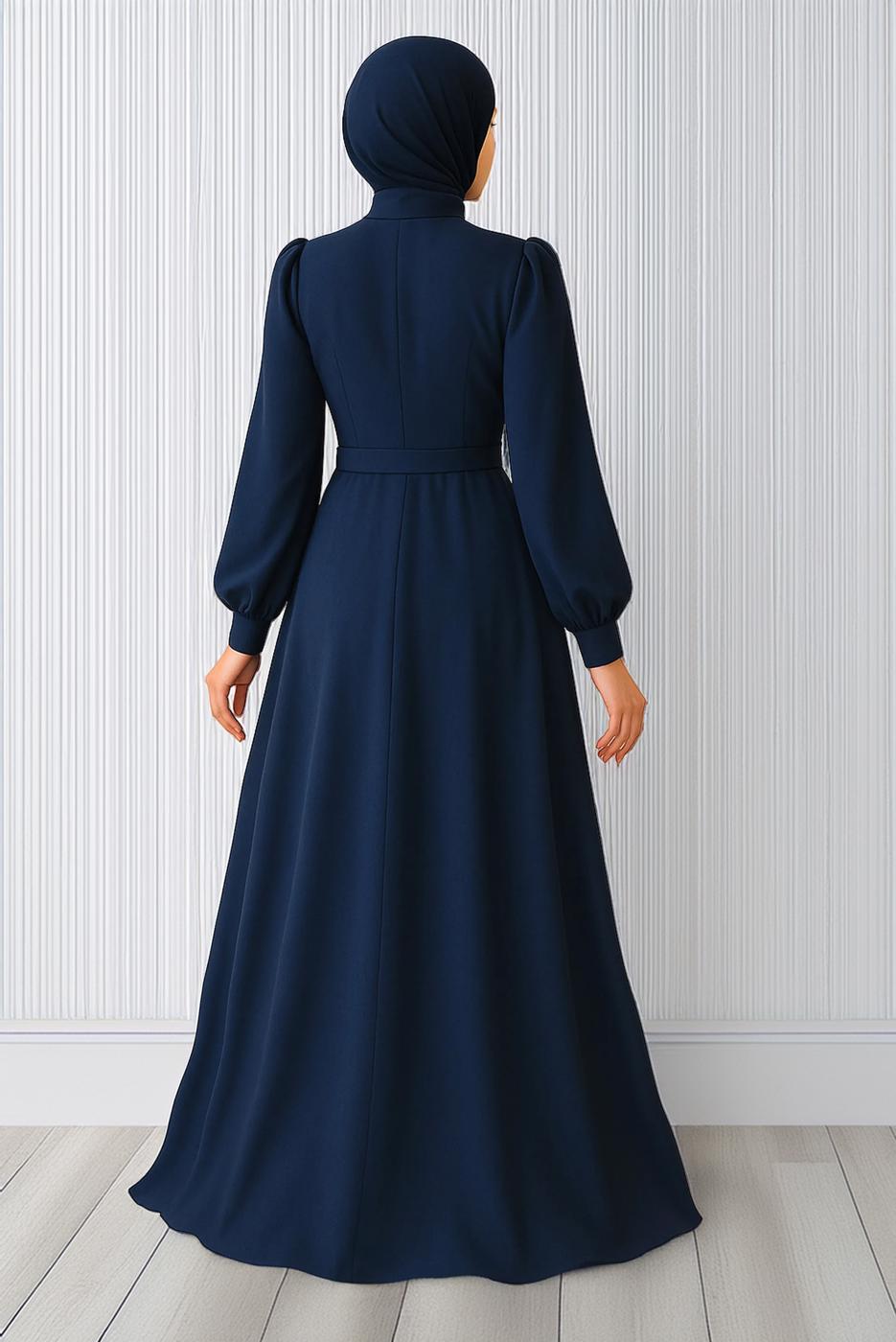 Tesettür giyim LACİVERT TAŞ DETAYLI ABİYE ELBİSE T 0163