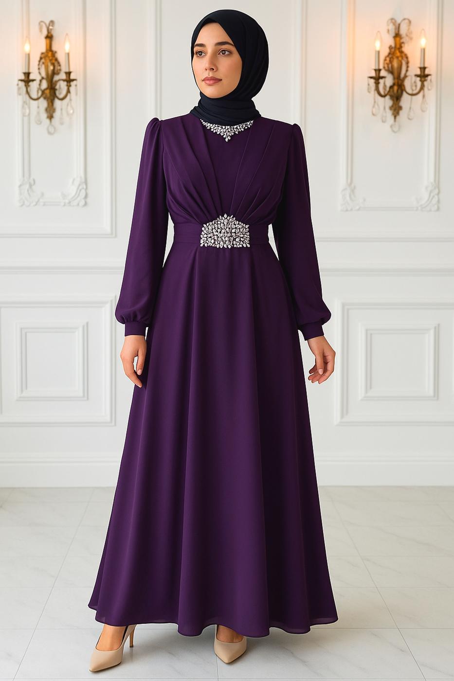 Tesettür giyim MÜRDÜM TAŞ DETAYLI ABİYE ELBİSE T 0163