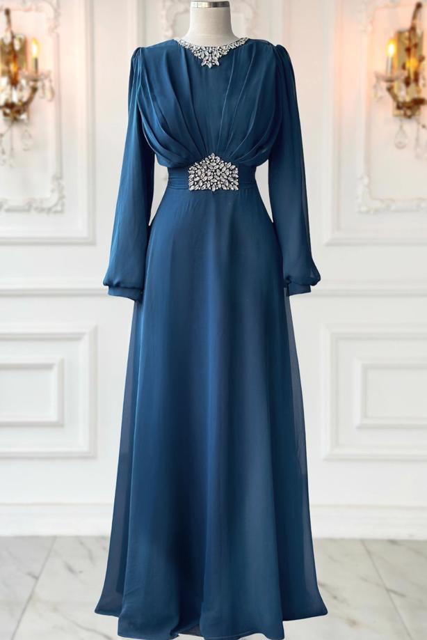 Tesettür giyim LACİVERT TAŞ DETAYLI ABİYE ELBİSE T 0163 - TRENDTESETTÜR