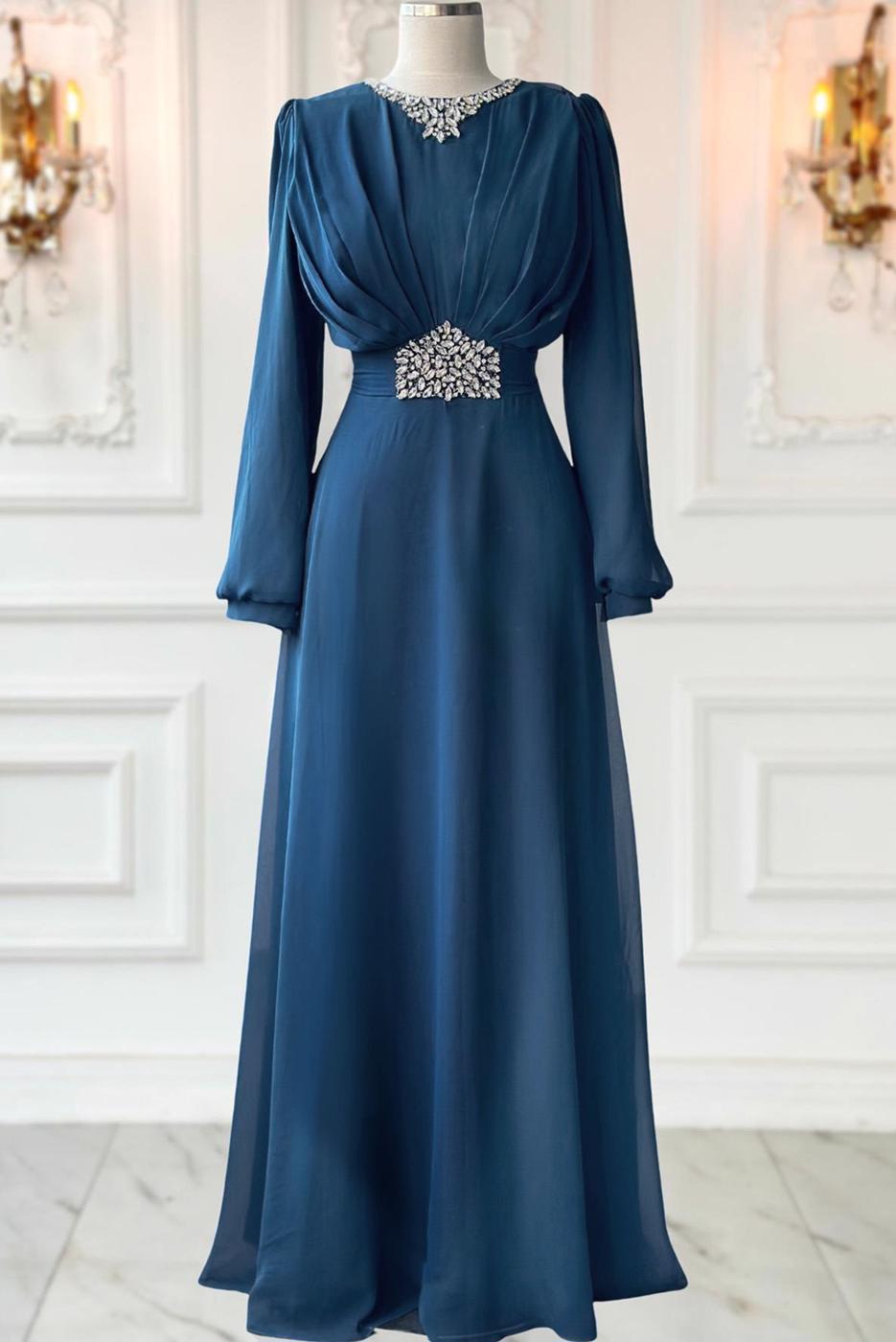 Tesettür giyim LACİVERT TAŞ DETAYLI ABİYE ELBİSE T 0163