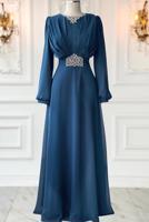 Tesettür giyim LACİVERT TAŞ DETAYLI ABİYE ELBİSE T 0163