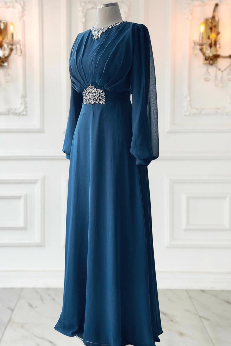 Tesettür giyim LACİVERT TAŞ DETAYLI ABİYE ELBİSE T 0163