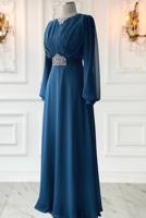 Tesettür giyim LACİVERT TAŞ DETAYLI ABİYE ELBİSE T 0163