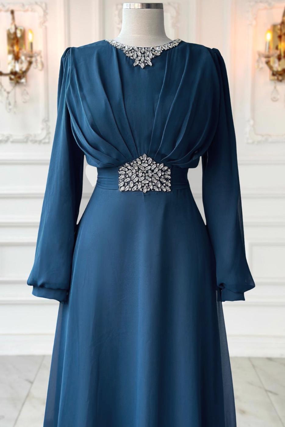 Tesettür giyim LACİVERT TAŞ DETAYLI ABİYE ELBİSE T 0163