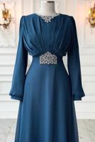 Tesettür giyim LACİVERT TAŞ DETAYLI ABİYE ELBİSE T 0163