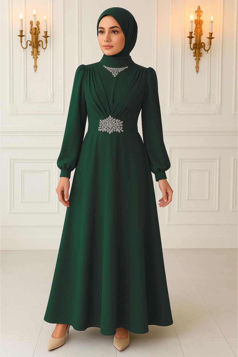 Tesettür giyim YEŞİL TAŞ DETAYLI ABİYE ELBİSE T 0163