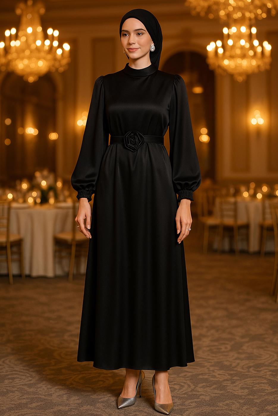 Tesettür giyim SİYAH SATEN ABİYE ELBİSE T 0821