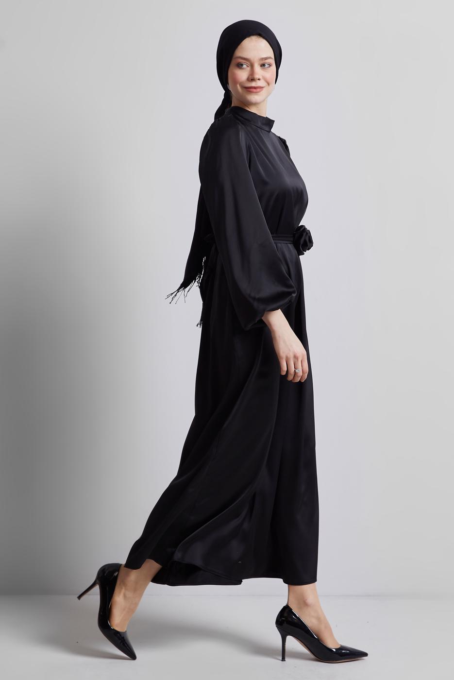 Tesettür giyim SİYAH SATEN ABİYE ELBİSE T 0821