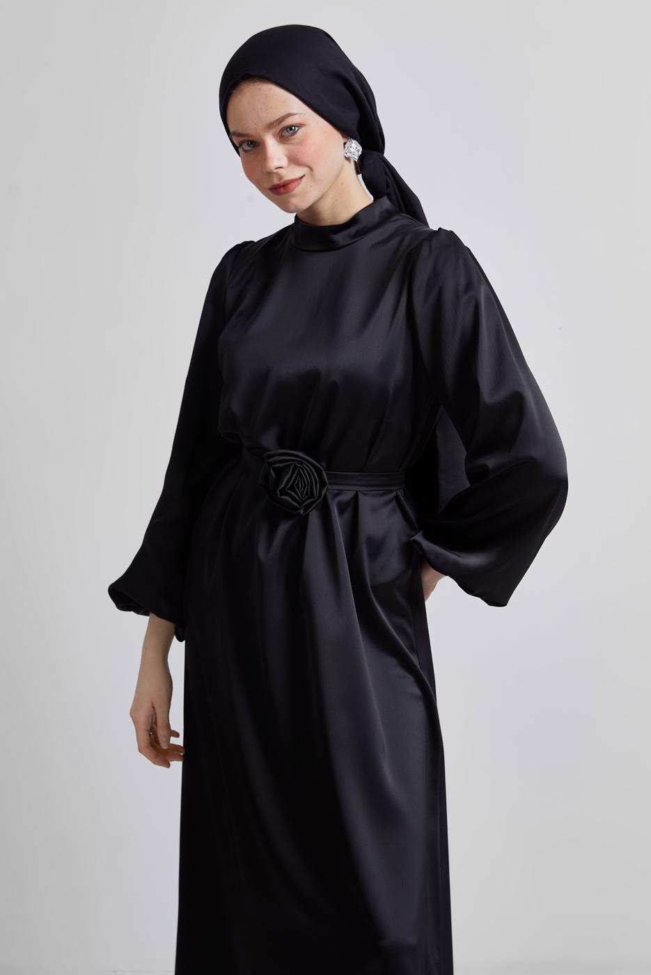 Tesettür giyim SİYAH SATEN ABİYE ELBİSE T 0821