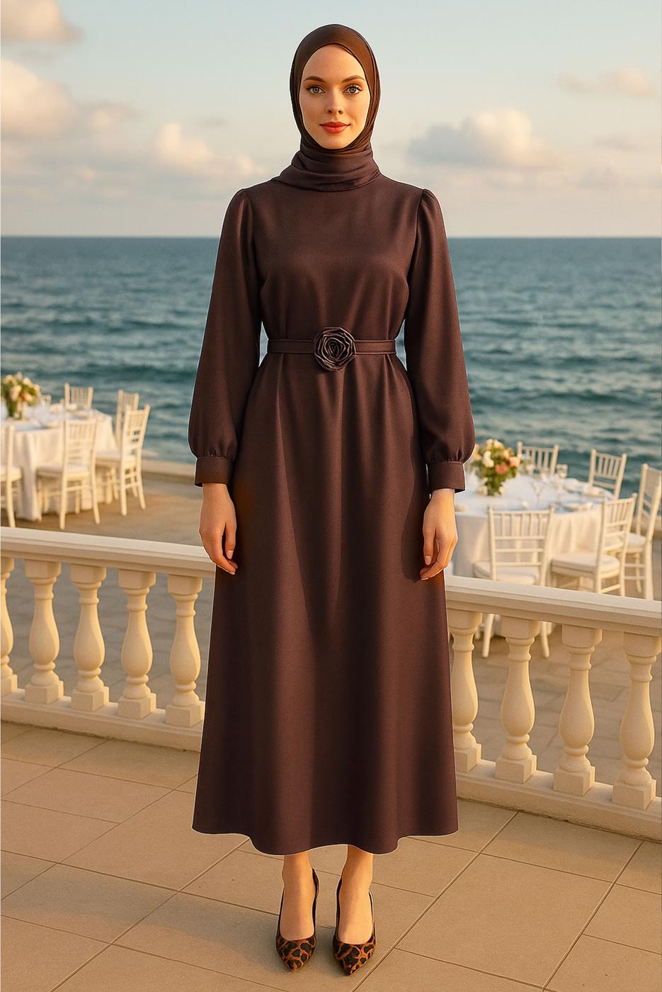 Vêtements hijab BRUN ROBE DE SOIRÉE EN SATIN T 0821