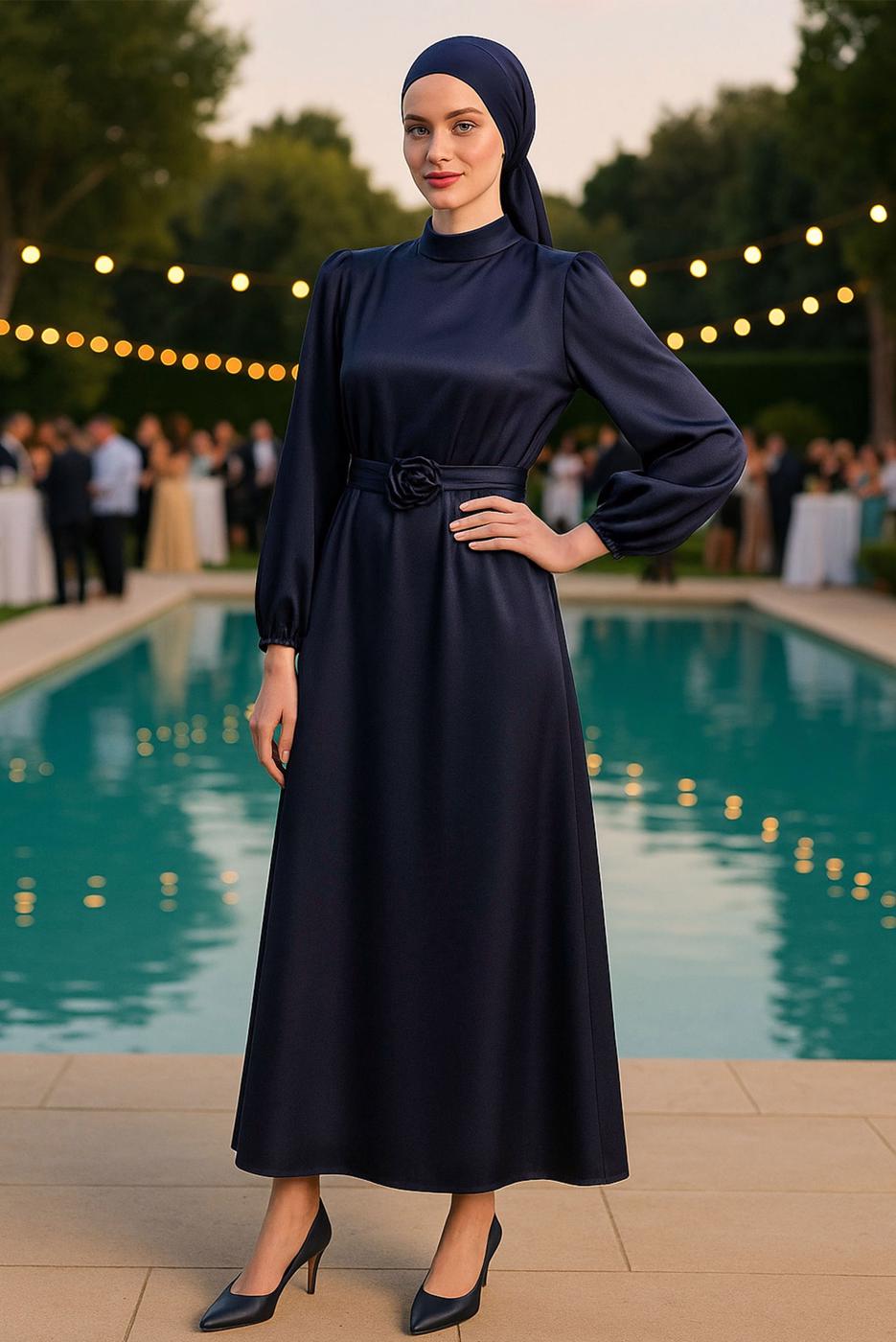 Tesettür giyim LACİVERT SATEN ABİYE ELBİSE T 0821