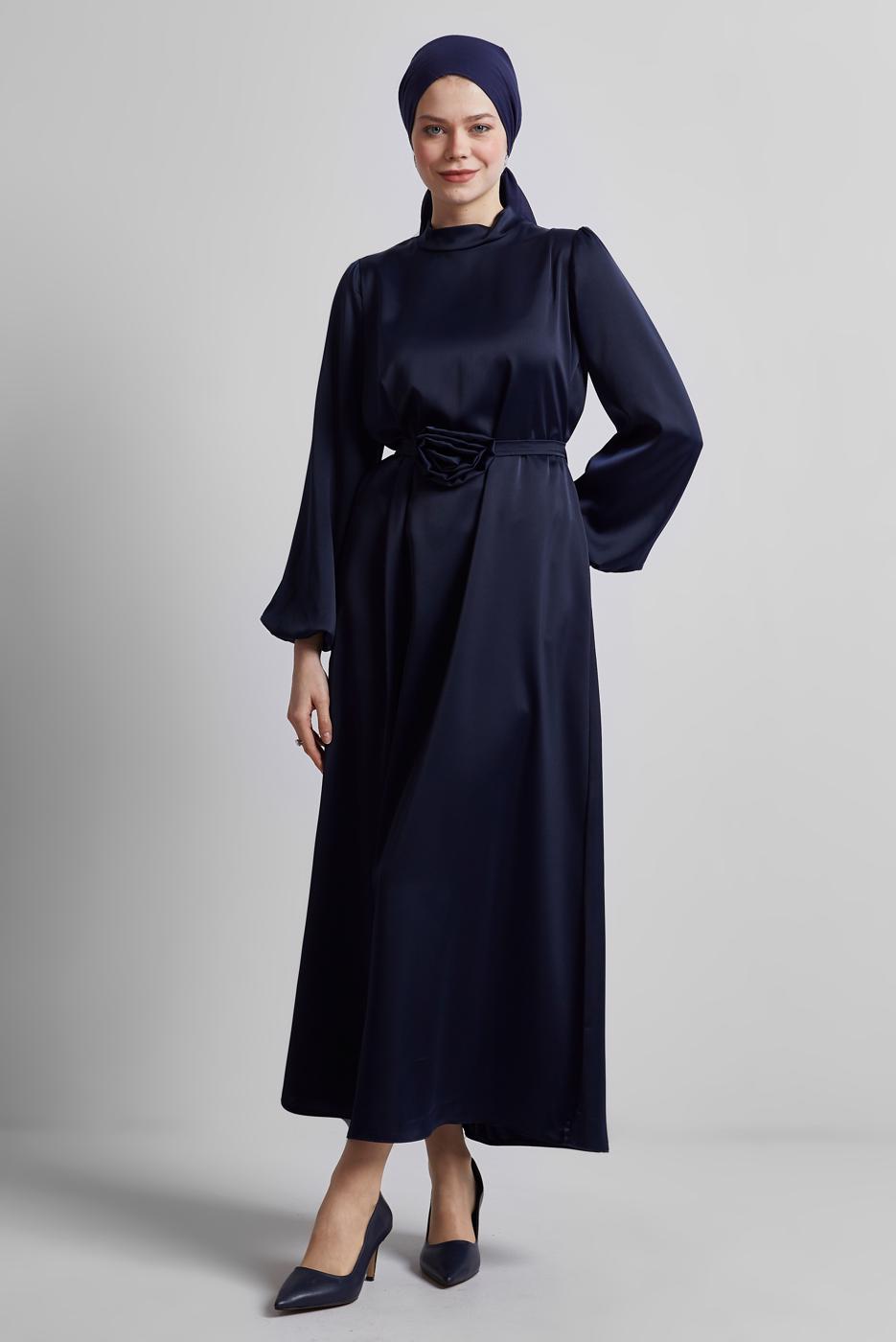 Tesettür giyim LACİVERT SATEN ABİYE ELBİSE T 0821