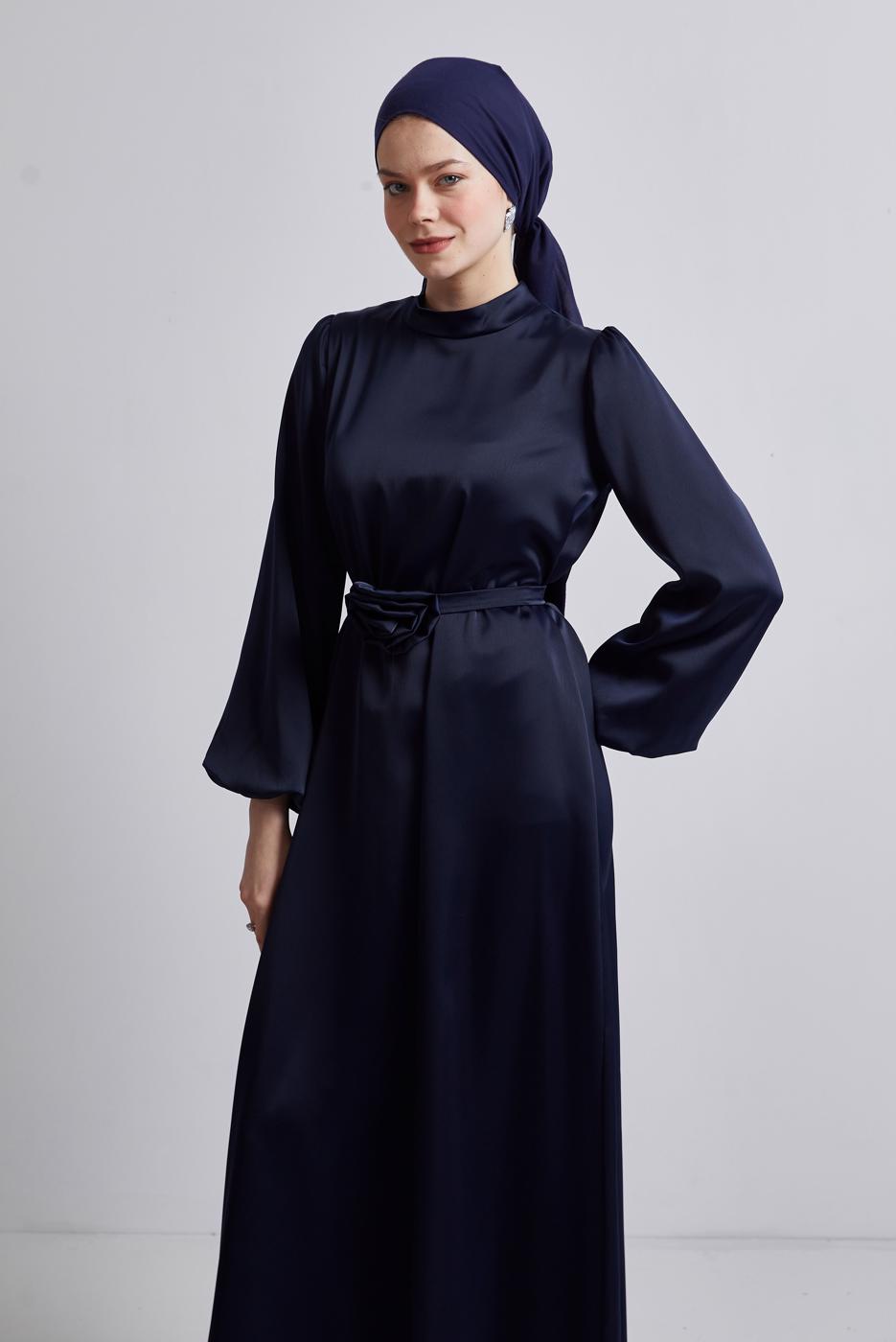 Tesettür giyim LACİVERT SATEN ABİYE ELBİSE T 0821
