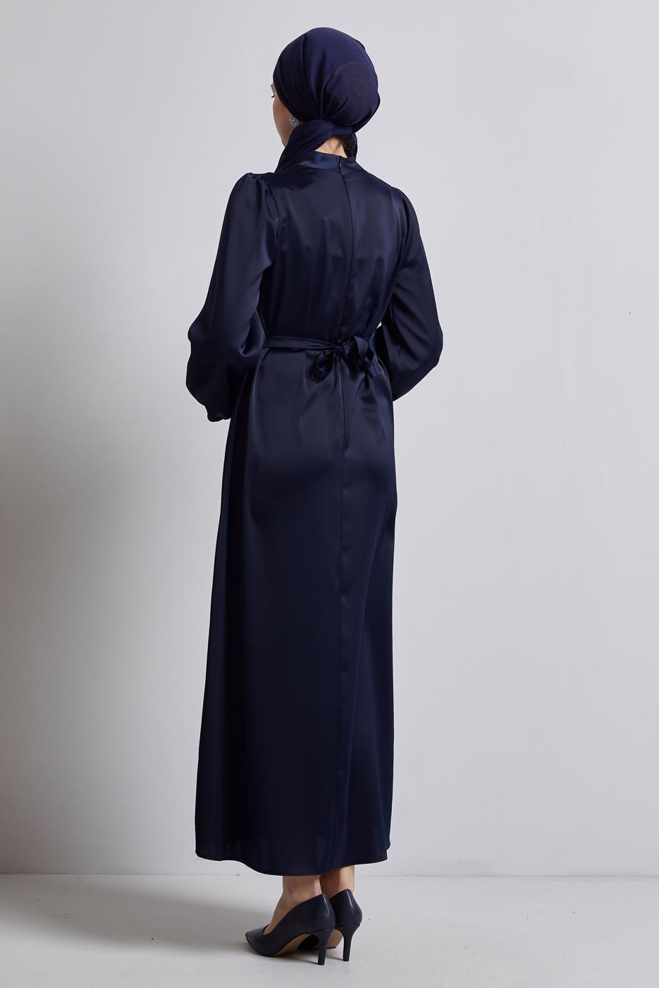Tesettür giyim LACİVERT SATEN ABİYE ELBİSE T 0821