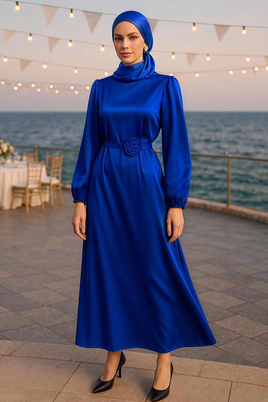 Vêtements hijab BLEU MARINE ROBE DE SOIRÉE EN SATIN T 0821
