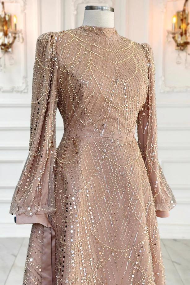 Tesettür giyim ALTIN PUL PAYETLİ ABİYE ELBİSE T 1163 - TRENDTESETTÜR