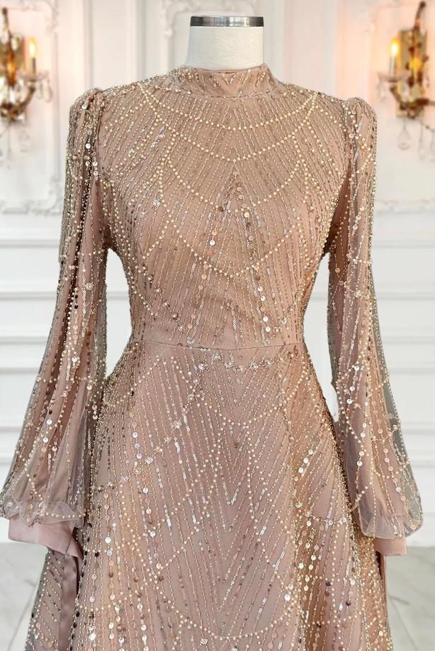 Tesettür giyim ALTIN PUL PAYETLİ ABİYE ELBİSE T 1163 - TRENDTESETTÜR