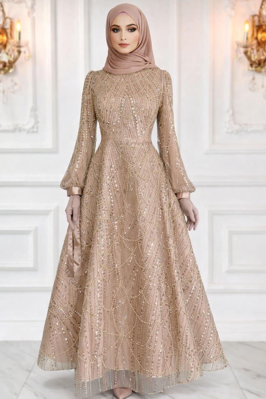Hijab clothing GOLD SEQUINED EVENING DRESS T 1163