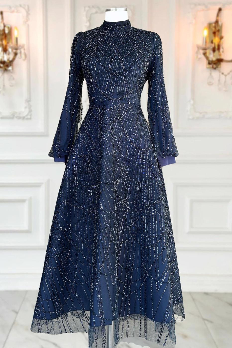 Hijab clothing NAVY BLUE SEQUINED EVENING DRESS T 1163