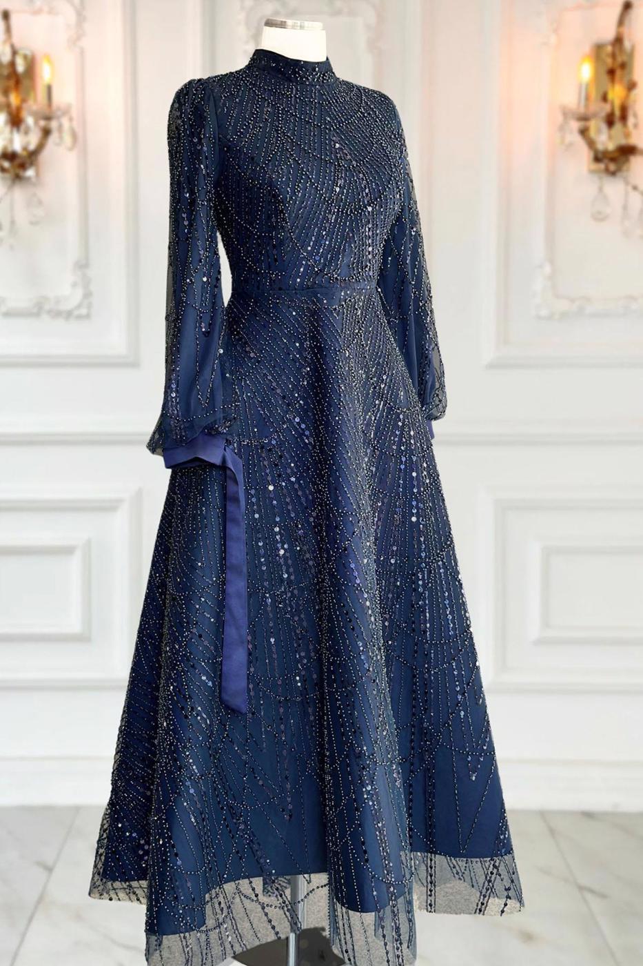Hijab clothing NAVY BLUE SEQUINED EVENING DRESS T 1163