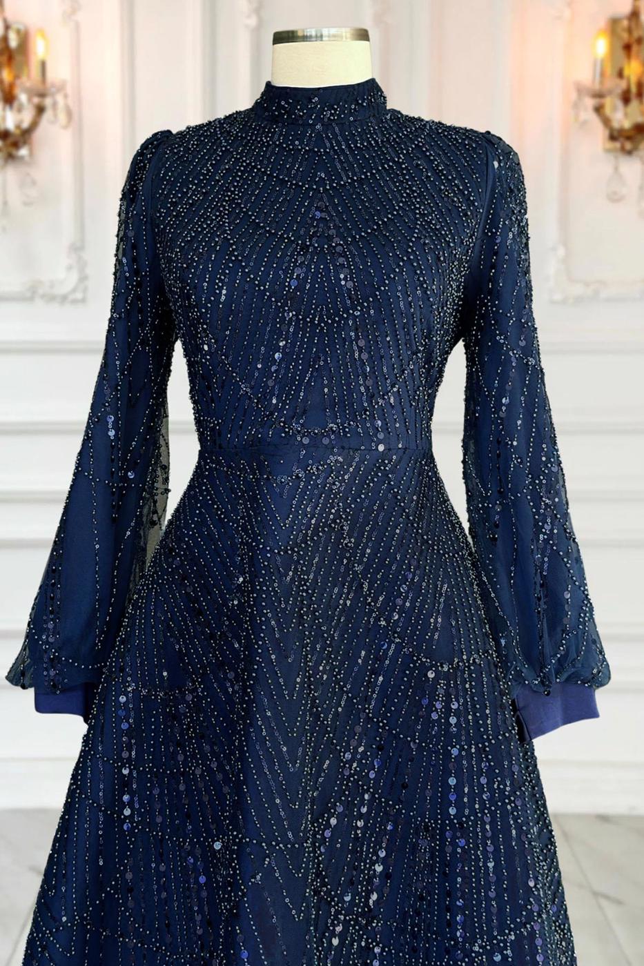 Hijab clothing NAVY BLUE SEQUINED EVENING DRESS T 1163