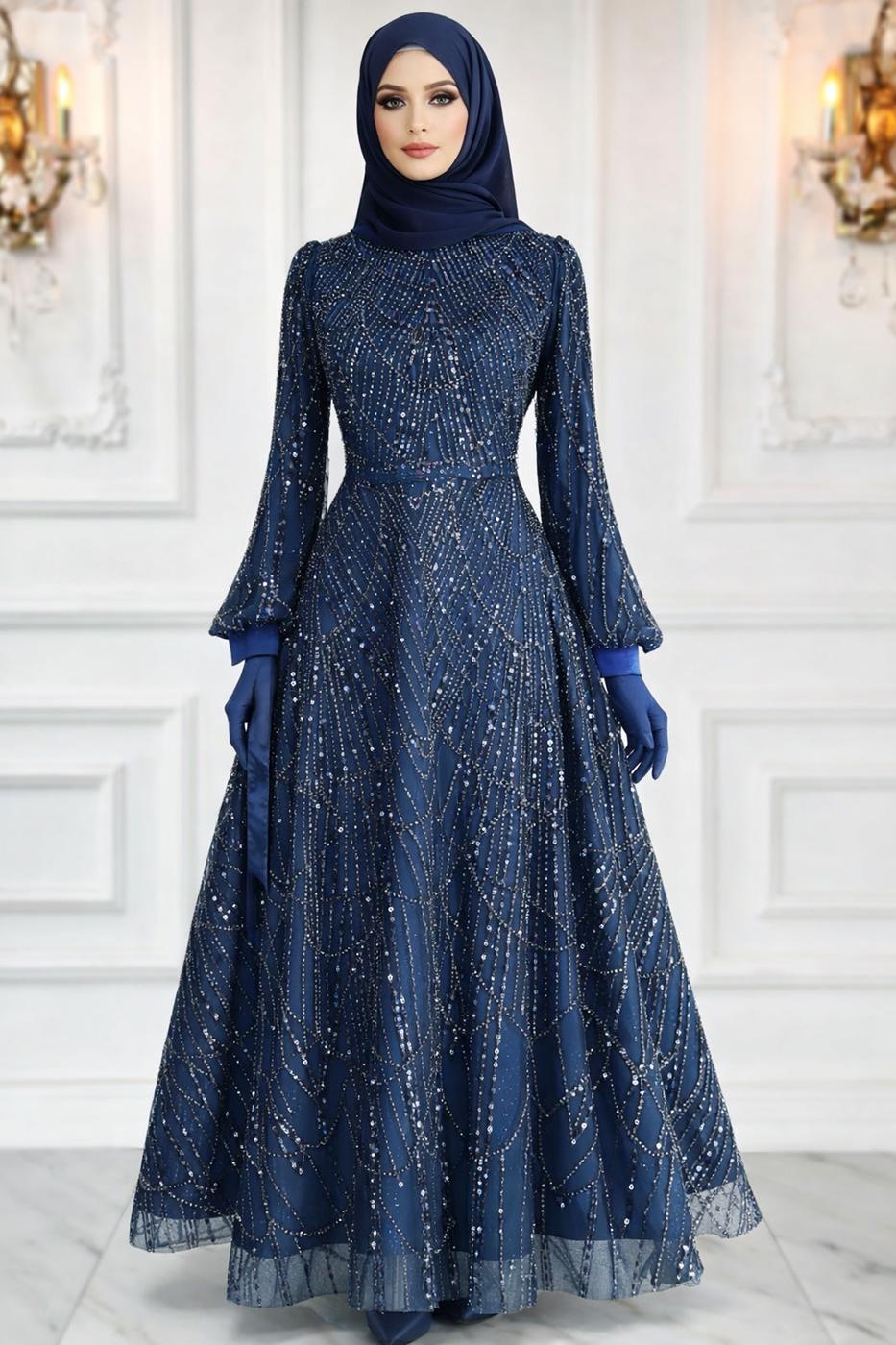 Hijab clothing NAVY BLUE SEQUINED EVENING DRESS T 1163