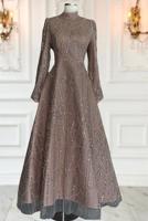 Tesettür giyim VİZON PUL PAYETLİ ABİYE ELBİSE T 1163