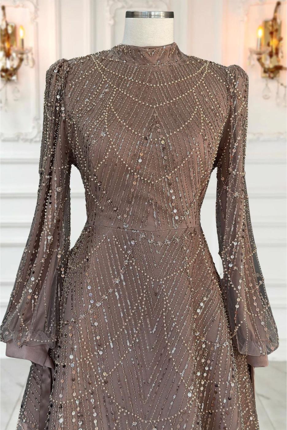 Tesettür giyim VİZON PUL PAYETLİ ABİYE ELBİSE T 1163