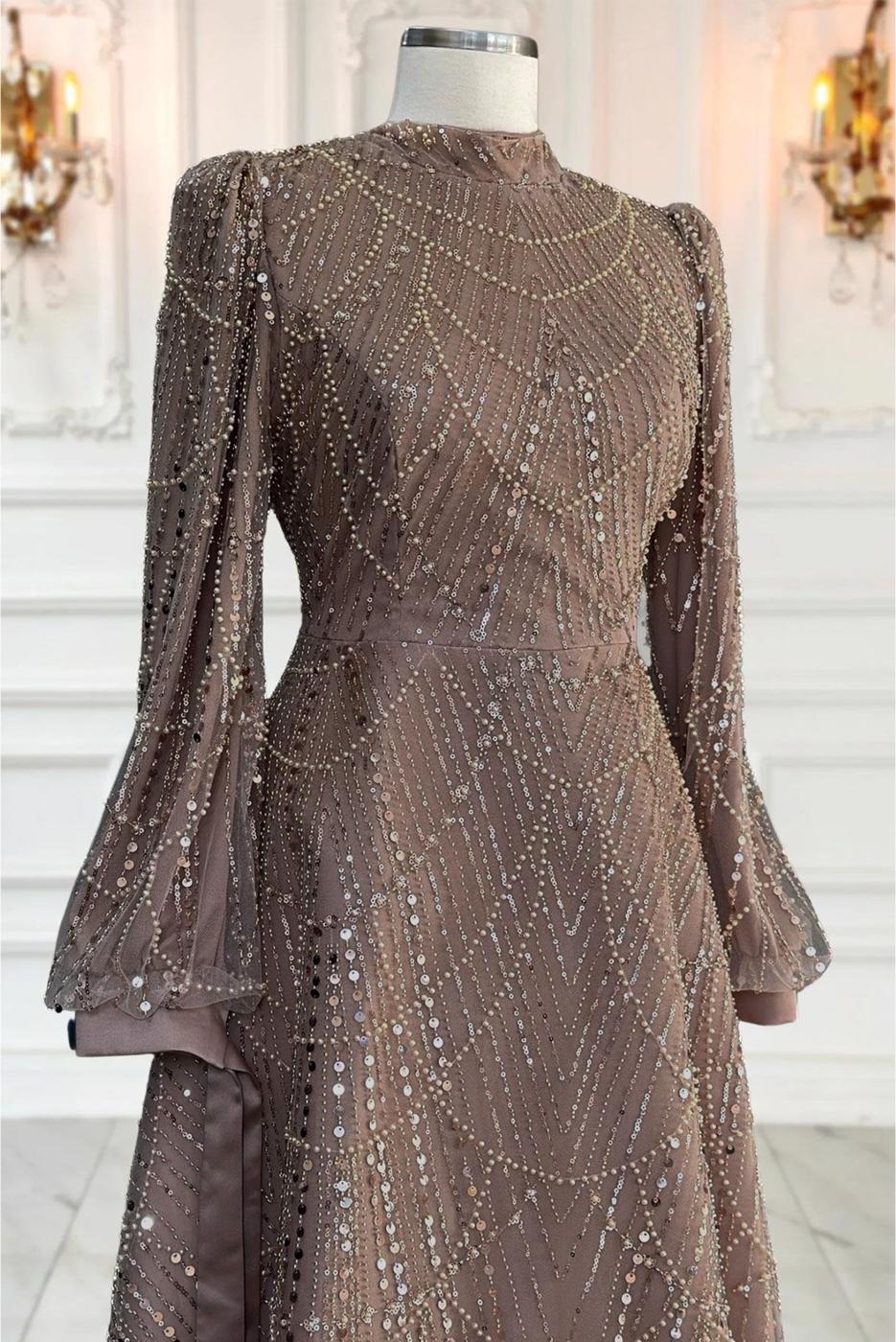 Tesettür giyim VİZON PUL PAYETLİ ABİYE ELBİSE T 1163