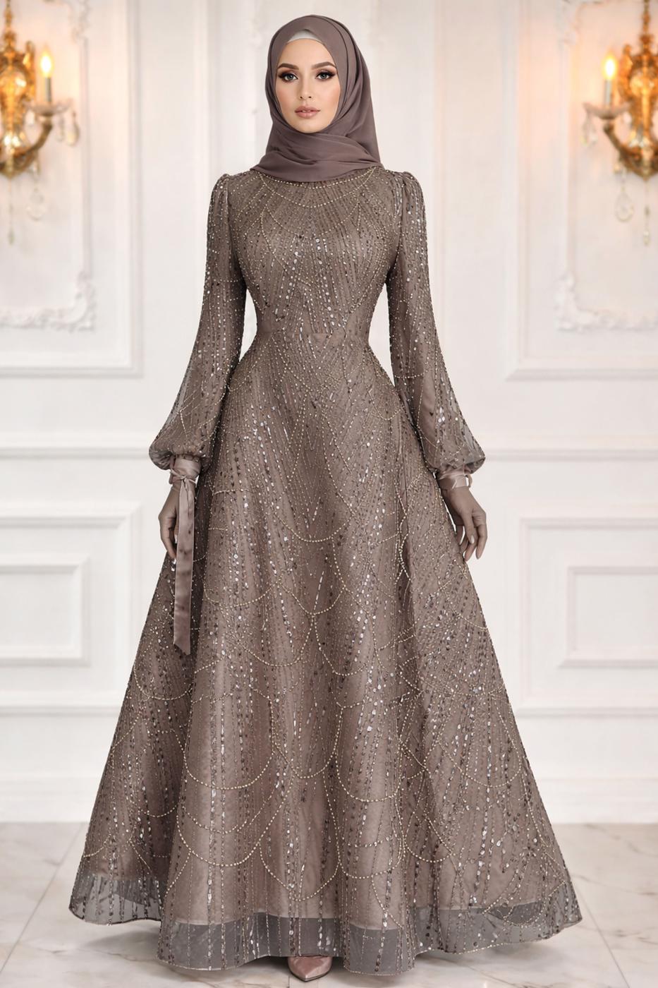 Tesettür giyim VİZON PUL PAYETLİ ABİYE ELBİSE T 1163