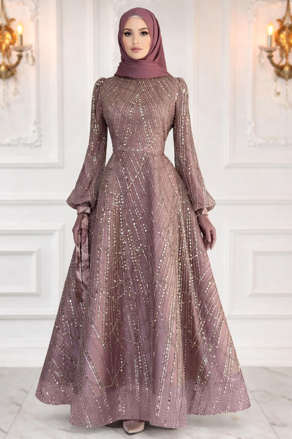 Hijab clothing PINK SEQUINED EVENING DRESS T 1163