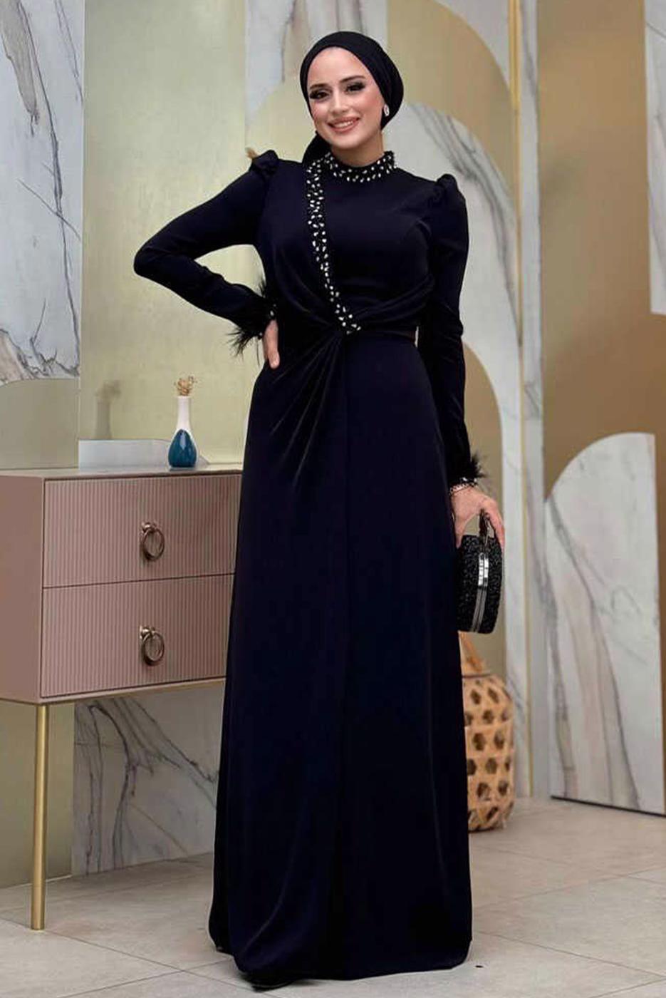 Tesettür giyim SİYAH TAŞLI ABİYE ELBİSE T 1207