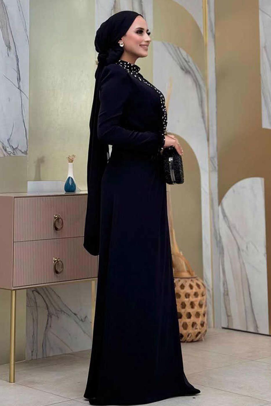 Tesettür giyim SİYAH TAŞLI ABİYE ELBİSE T 1207