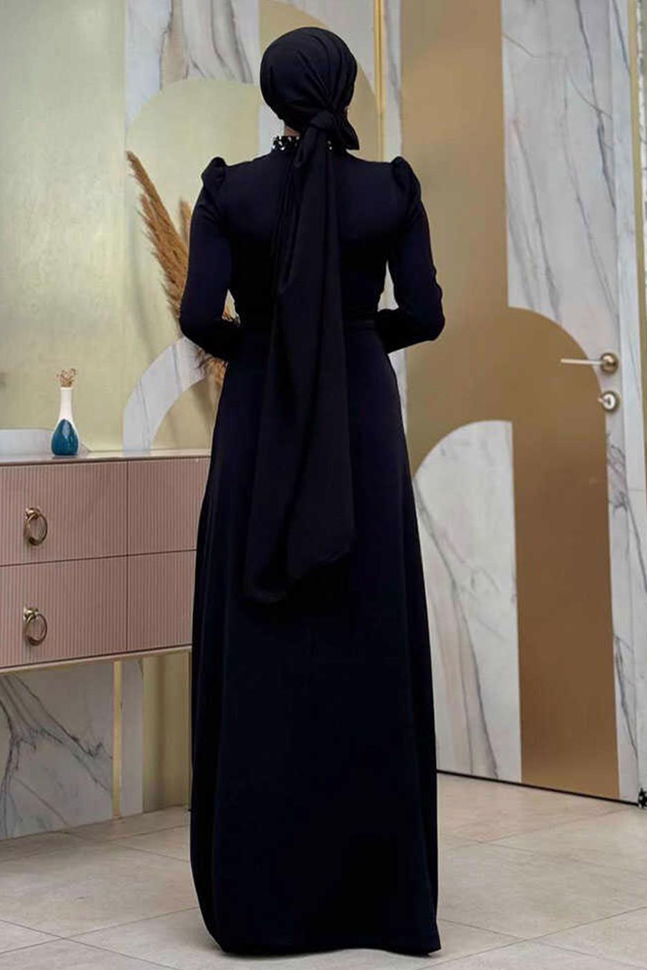 Tesettür giyim SİYAH TAŞLI ABİYE ELBİSE T 1207