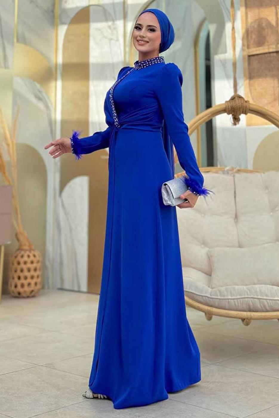 Tesettür giyim LACİVERT TAŞLI ABİYE ELBİSE T 1207