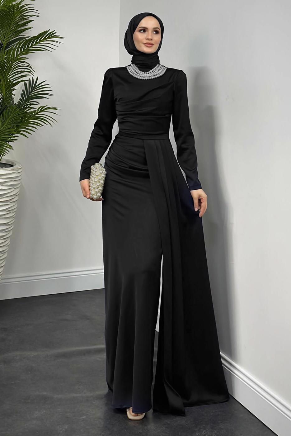 Tesettür giyim SİYAH İNCİ KOLYELİ ABİYE ELBİSE T 1510