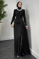 Tesettür giyim SİYAH İNCİ KOLYELİ ABİYE ELBİSE T 1510