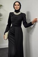 Tesettür giyim SİYAH İNCİ KOLYELİ ABİYE ELBİSE T 1510