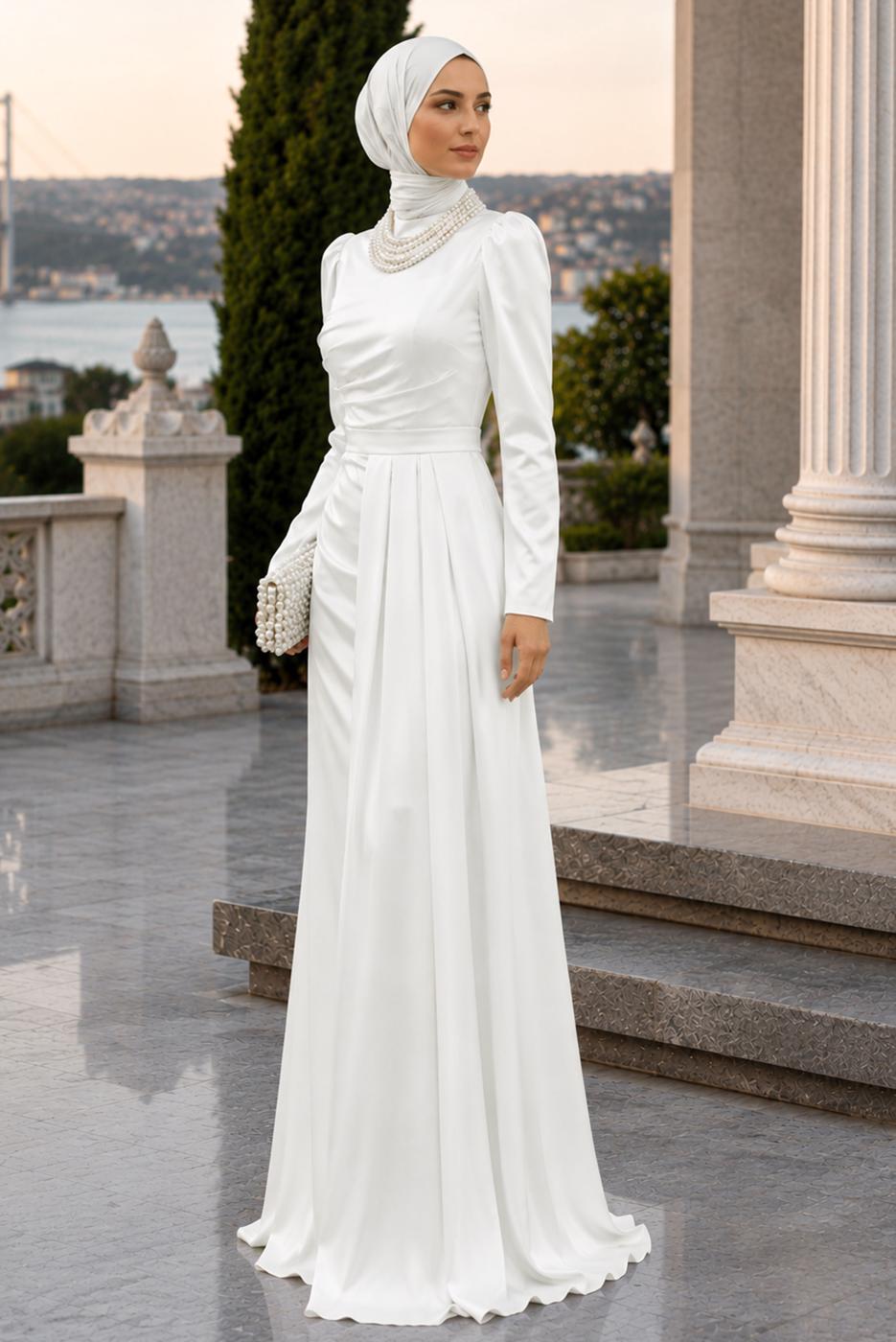 Tesettür giyim BEYAZ İNCİ KOLYELİ ABİYE ELBİSE T 1510
